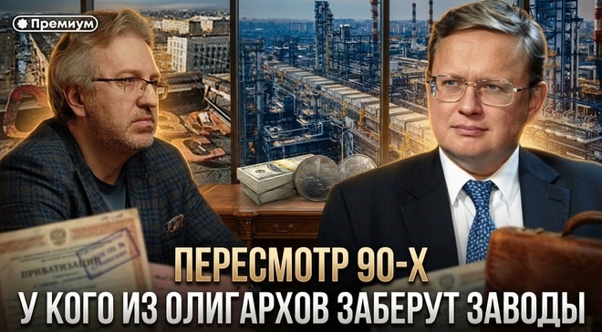Постер к видео Михаил Делягин | ПЕРЕСМОТР 90‑Х: у кого из олигархов заберут заводы | П...п... с Делягиным