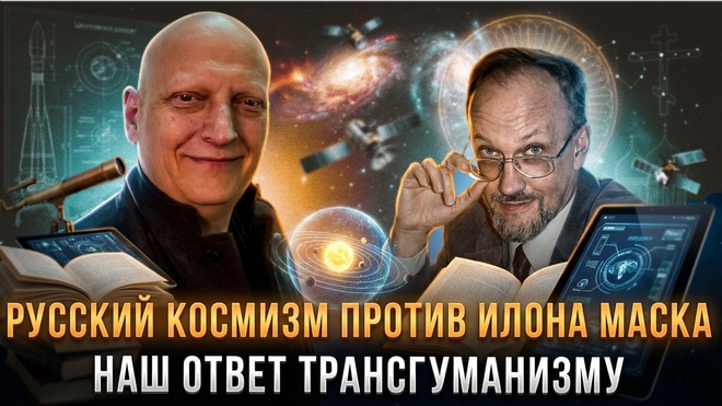 Постер к видео РУССКИЙ КОСМИЗМ ПРОТИВ ИЛОНА МАСКА: Наш ответ трансгуманизму |  Вячеслав Моисеев и Анатолий Михайлов