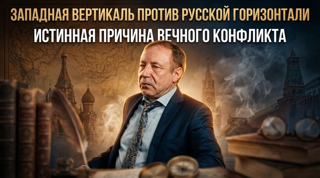 Постер к видео ЗАПАДНАЯ ВЕРТИКАЛЬ ПРОТИВ РУССКОЙ ГОРИЗОНТАЛИ: Истинная причина вечного конфликта | Герман Артамонов